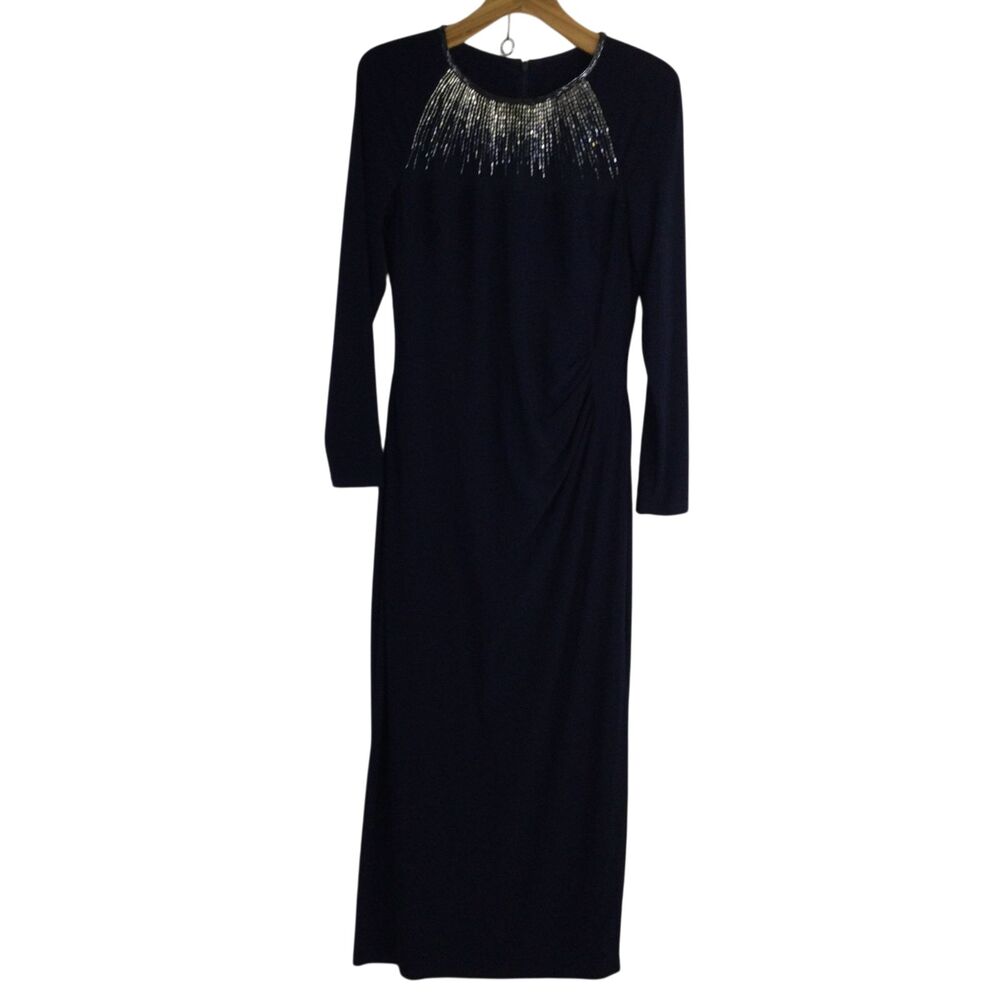 Lauren Ralph Lauren Women Beaded Yoke Side-Split Evening Maxi Dress Navy Size 14